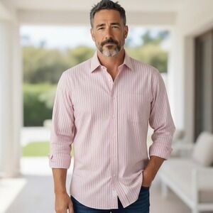 Paul Fredrick Mens‎ Striped Button Down Shirt Cotton Size 16 1/2 32 Classic Pink